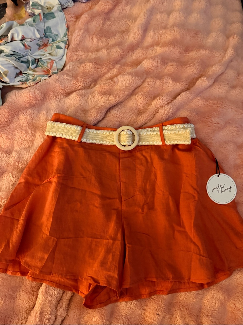 High-Waist Orange Linen-Feel Shorts with Cream Woven Belt